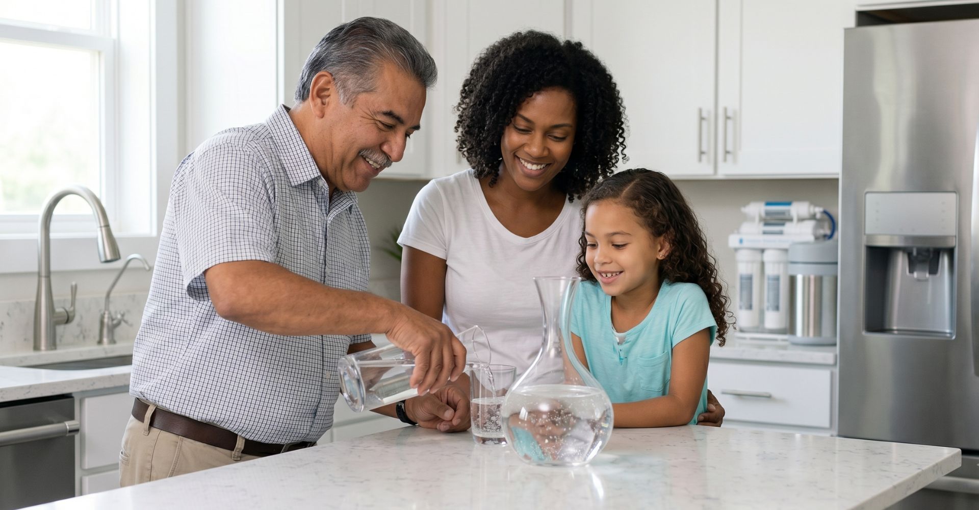 family drinking water