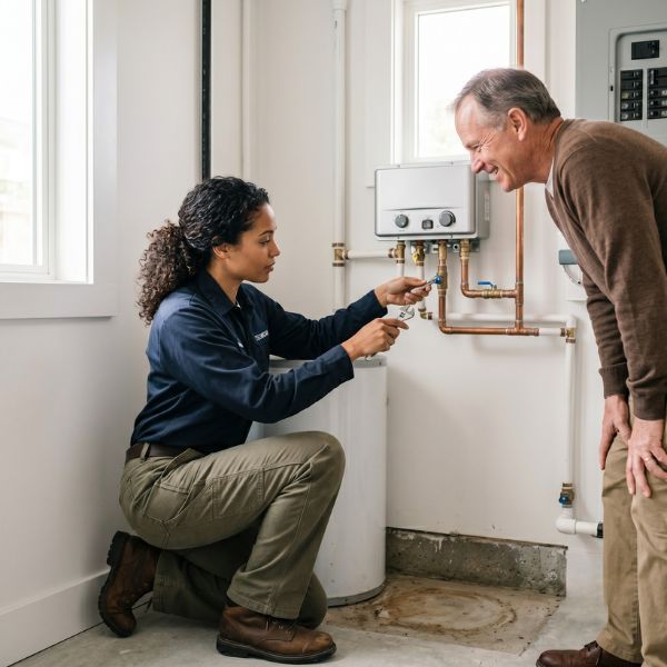 woman installing tankless hot water heater