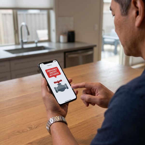 homeowner activating emergency plumbing shutoff