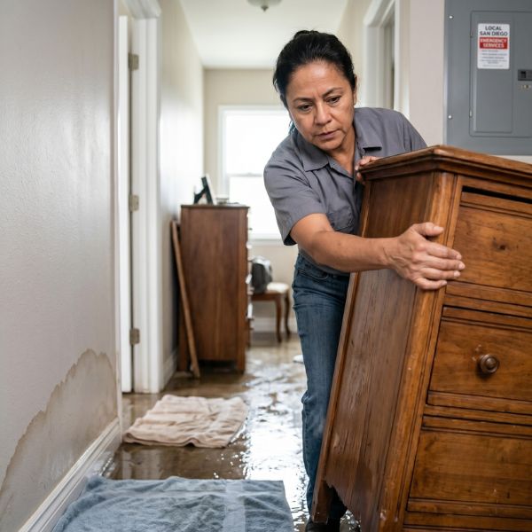 woman clearing path for plumber